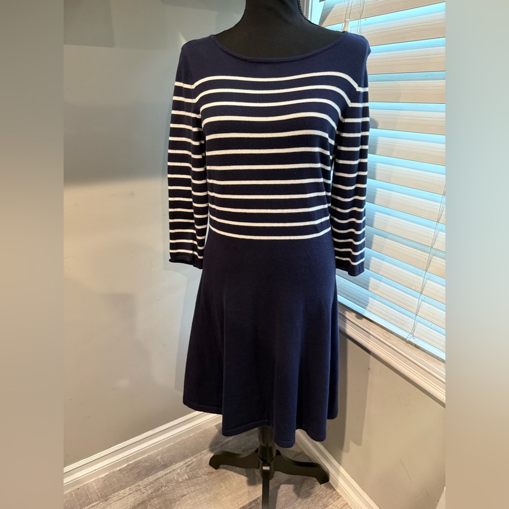 LAUREN RALPH LAUREN STRIPED KNIT 3/4 SLEEVE DRESS